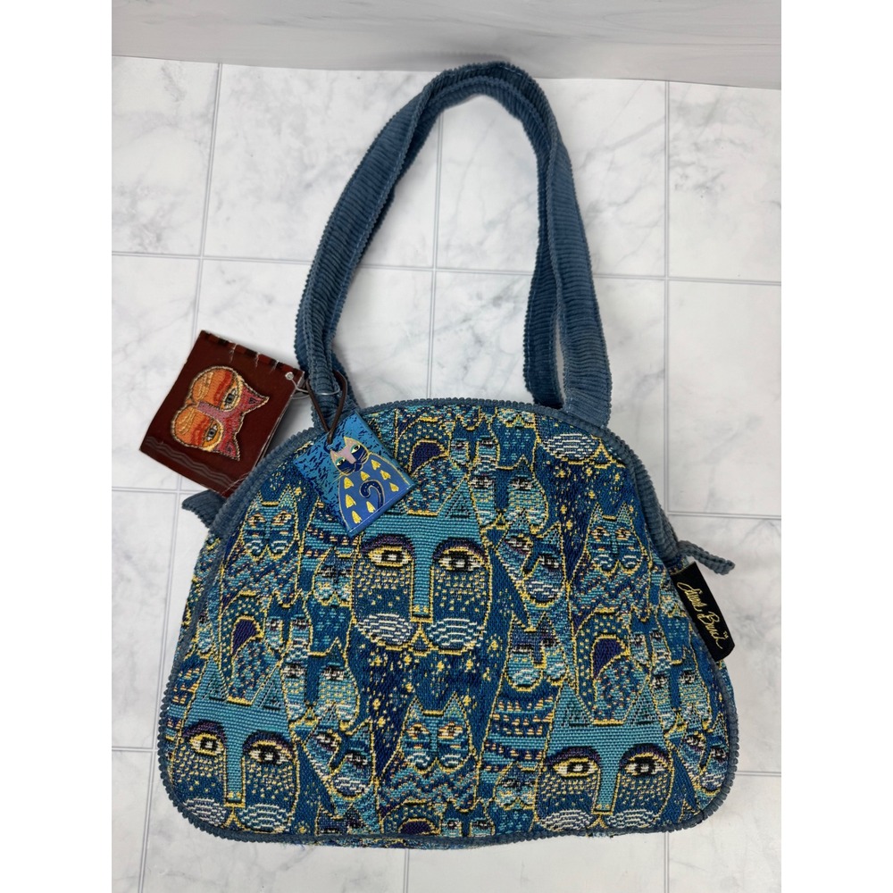 Laurel Burch Indigo Cats Tapestry Shoulder Bag Blue Corduroy Trim NWT READ